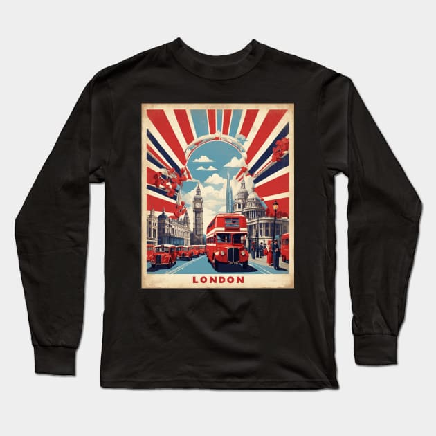 London England Double Decker Bus Vintage Travel Tourism Long Sleeve T-Shirt by TravelersGems